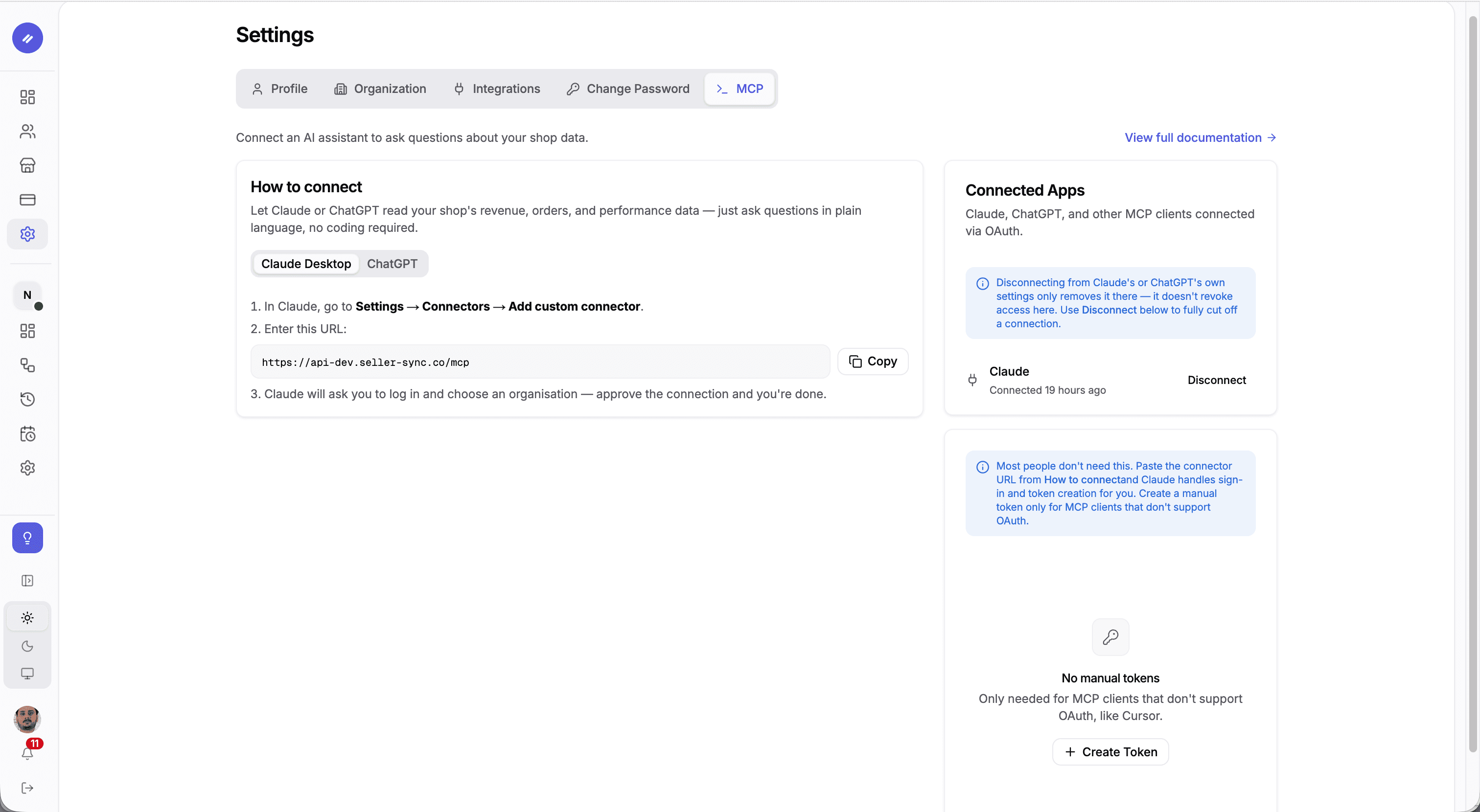 Seller Sync MCP settings — connecting Claude and ChatGPT to your shop data