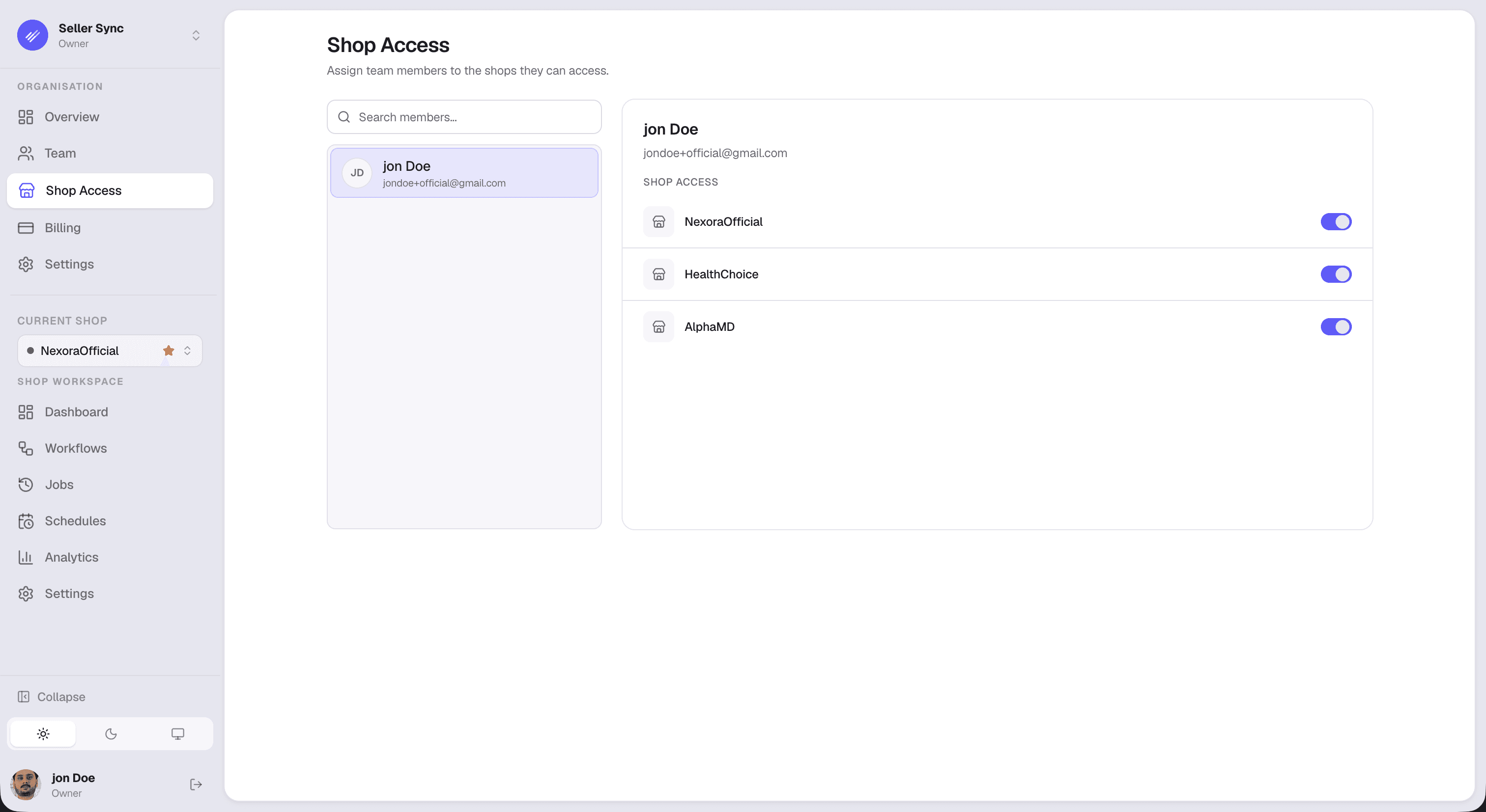 Seller Sync shop access — per-shop permissions for each team member