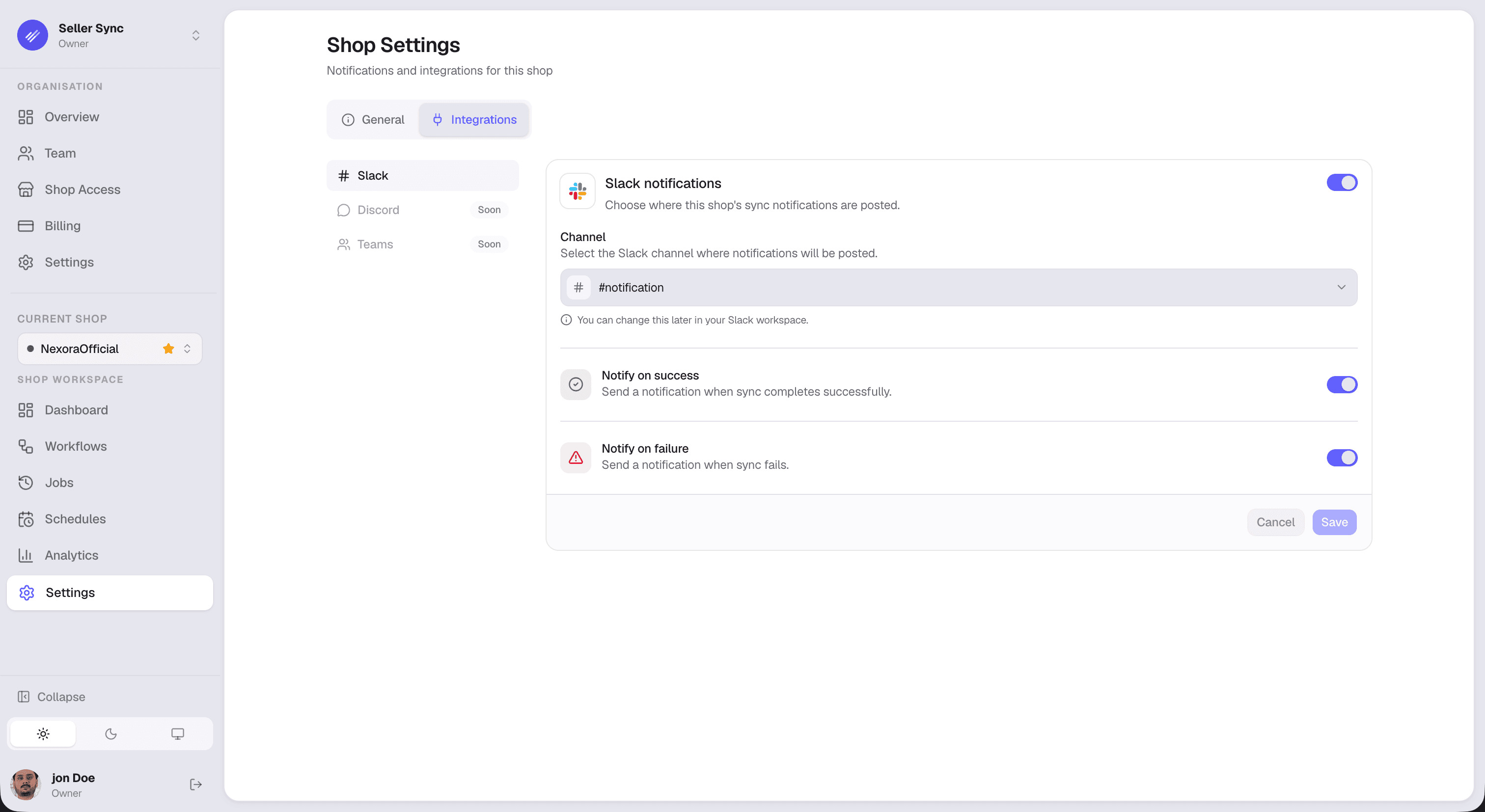 Seller Sync shop notification settings — choose where Slack alerts post on success or failure