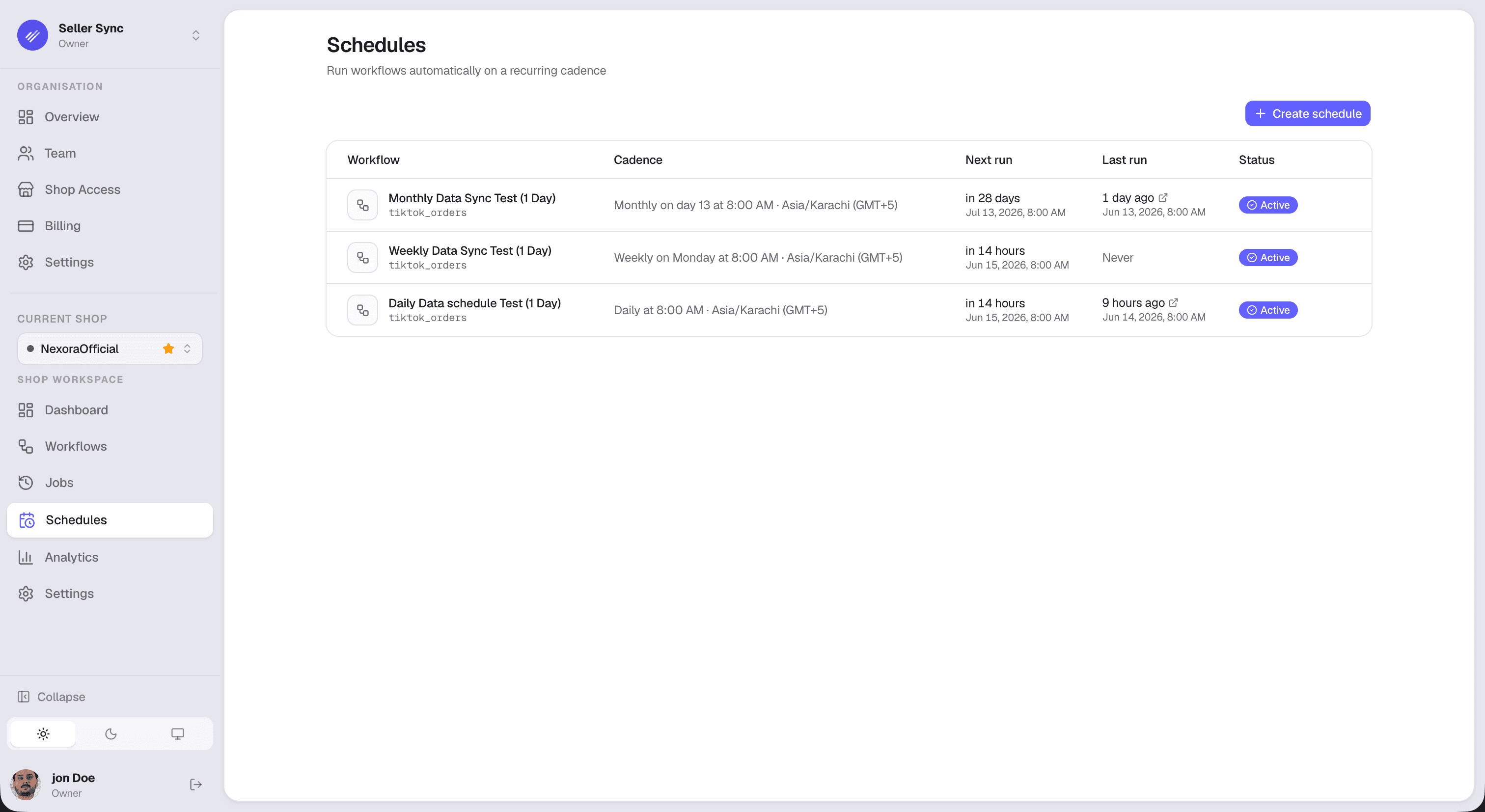 Seller Sync schedules — workflows running on recurring cadences