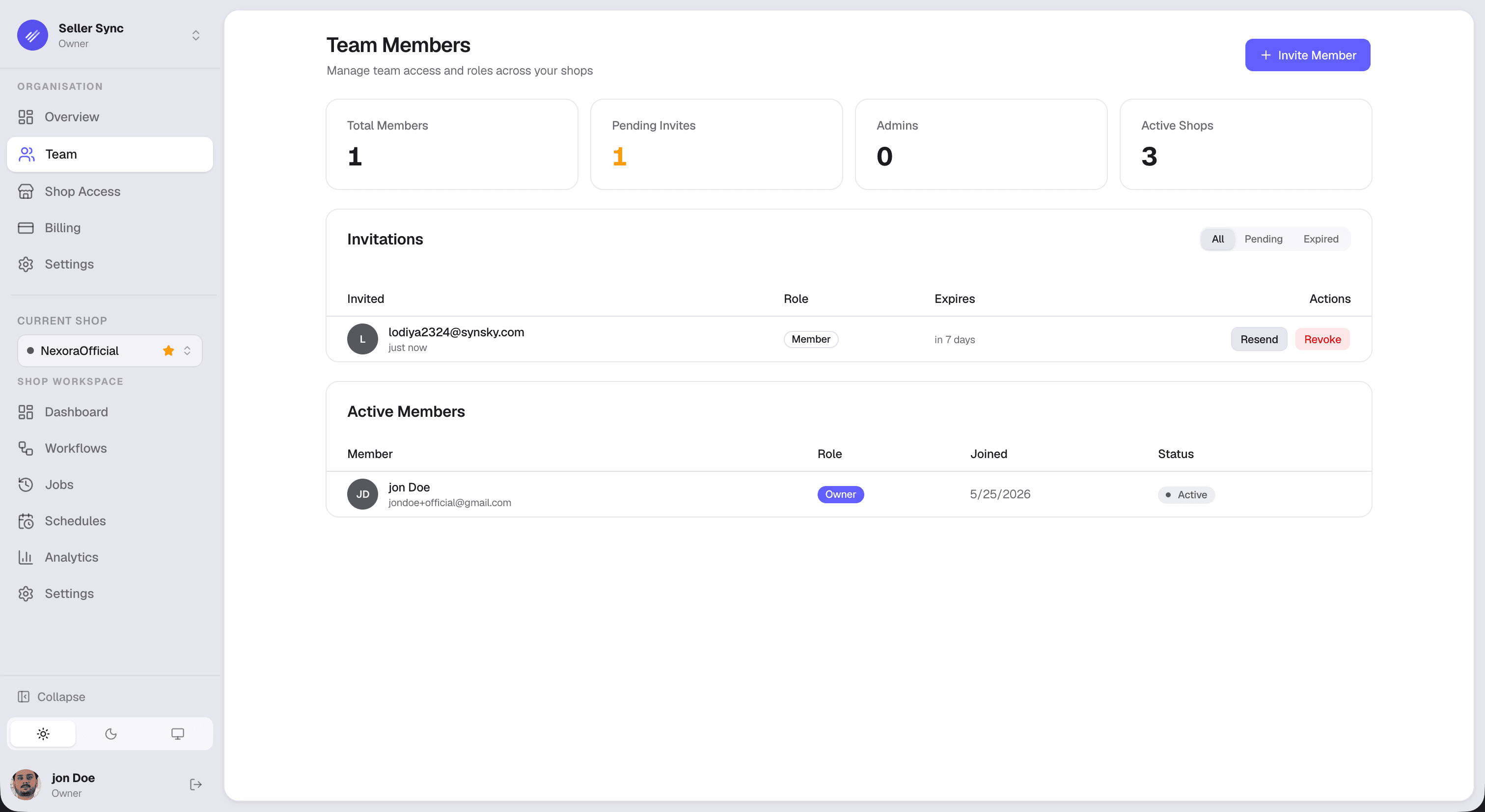 Seller Sync team members — invites and roles across shops
